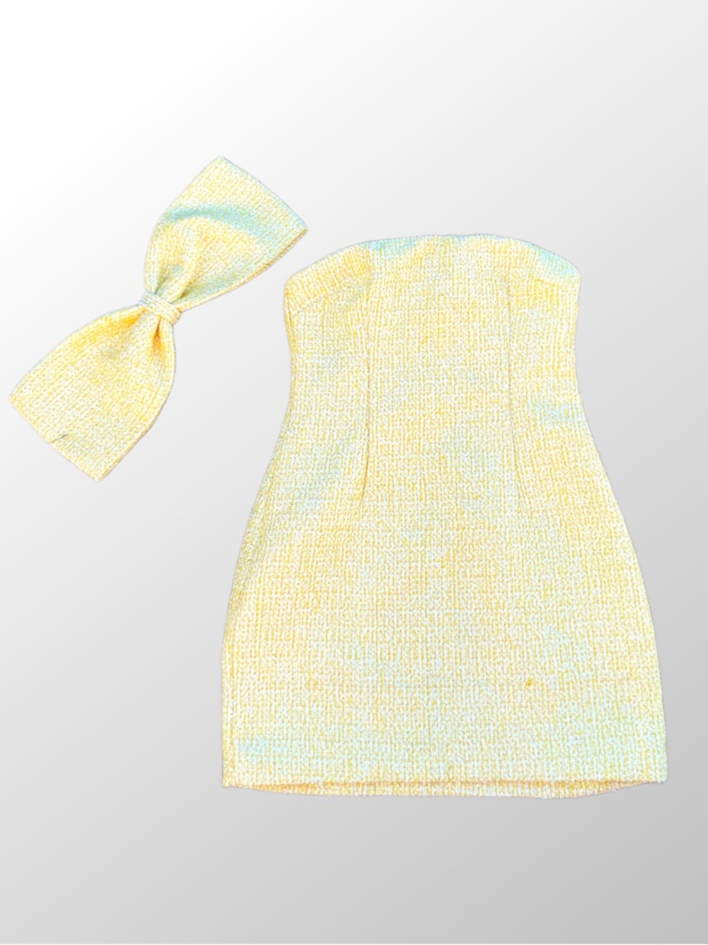 Meshki Strapless Bow-Front Mini Dress Soft Yellow tweed - Picture 3 of 9
